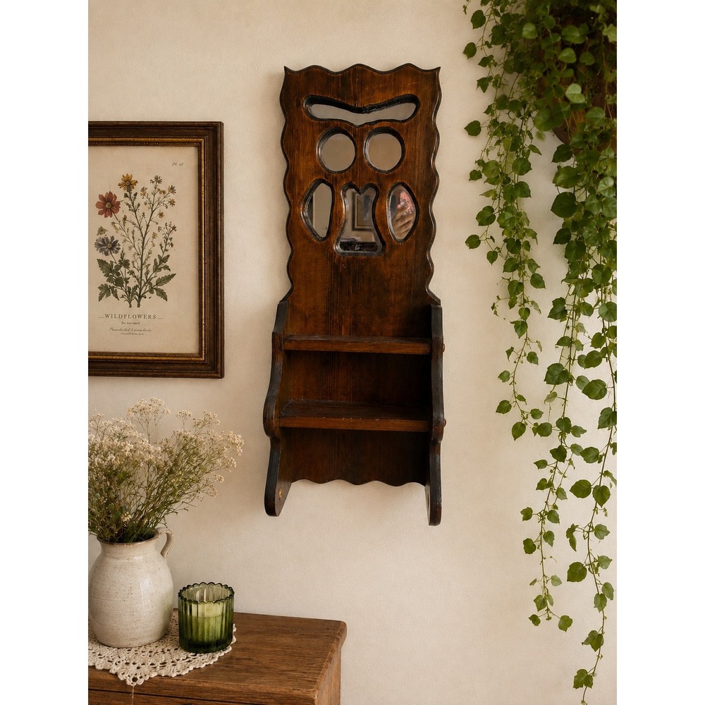 Vintage MCM Wood Mirrored Wall Shelf 30" Scalloped Cottagecore Folk Art READ